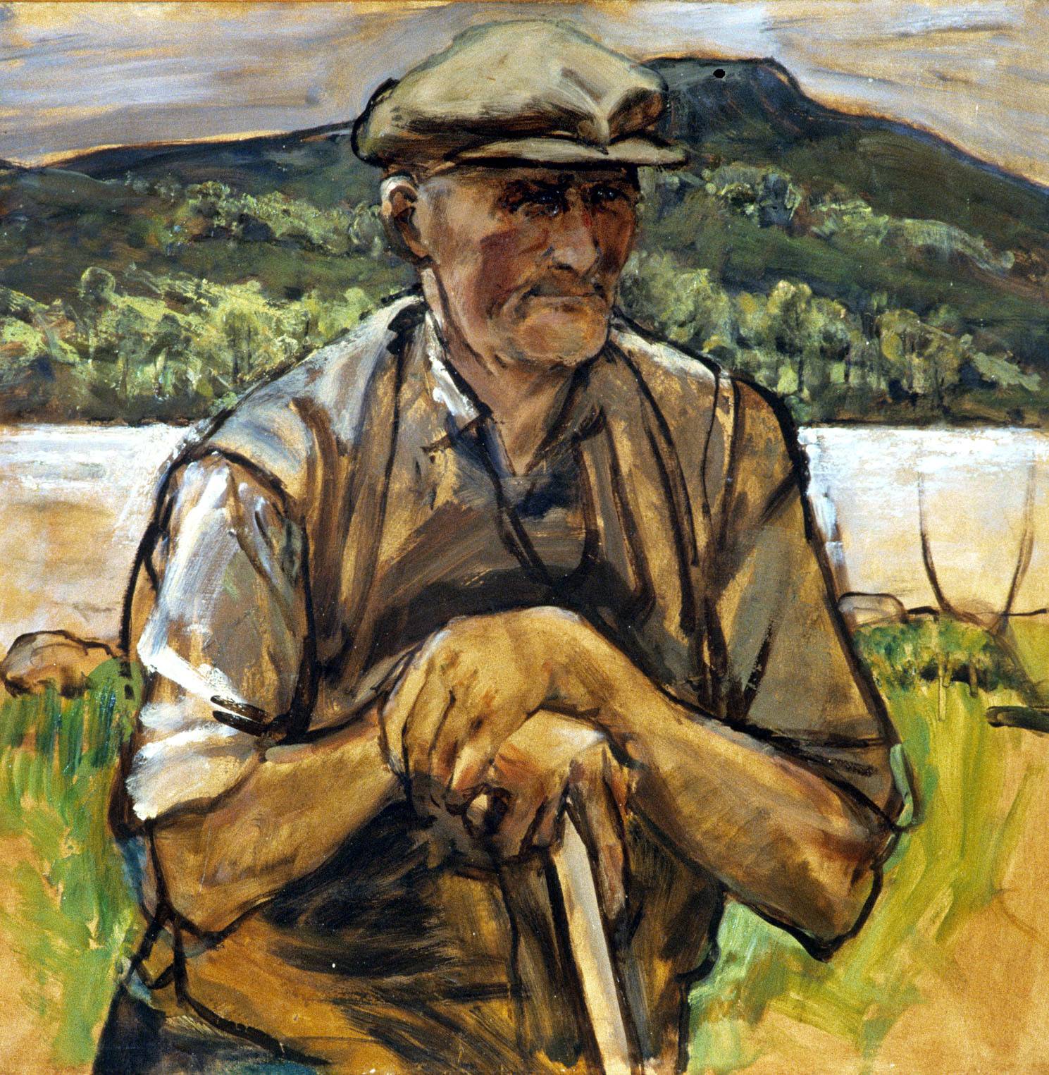 Eddie Moore, 1972, by Derek Hill. Eddie Moore, by Derek Hill, 1972. Oil on canvas. Eddie Moore was the gardener at St Columb's for many years. He died in 1983. Derek Hill Foundation. 