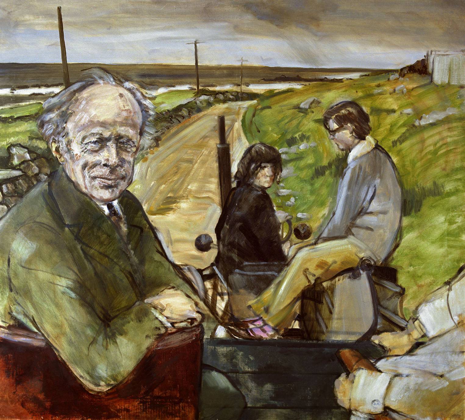 Erskine Childers, President of Ireland, by Derek Hill, 1974. The National Museum. Oil on canvas. Erskine and Rita Childers stayed at St Columb's from where they visited Tory Island, touring it on the only mechanised form of trnasport: a tractor. Hill finished this picture, showing him visiting the local people he loved, after the president's death. Derek Hill Foundation. 